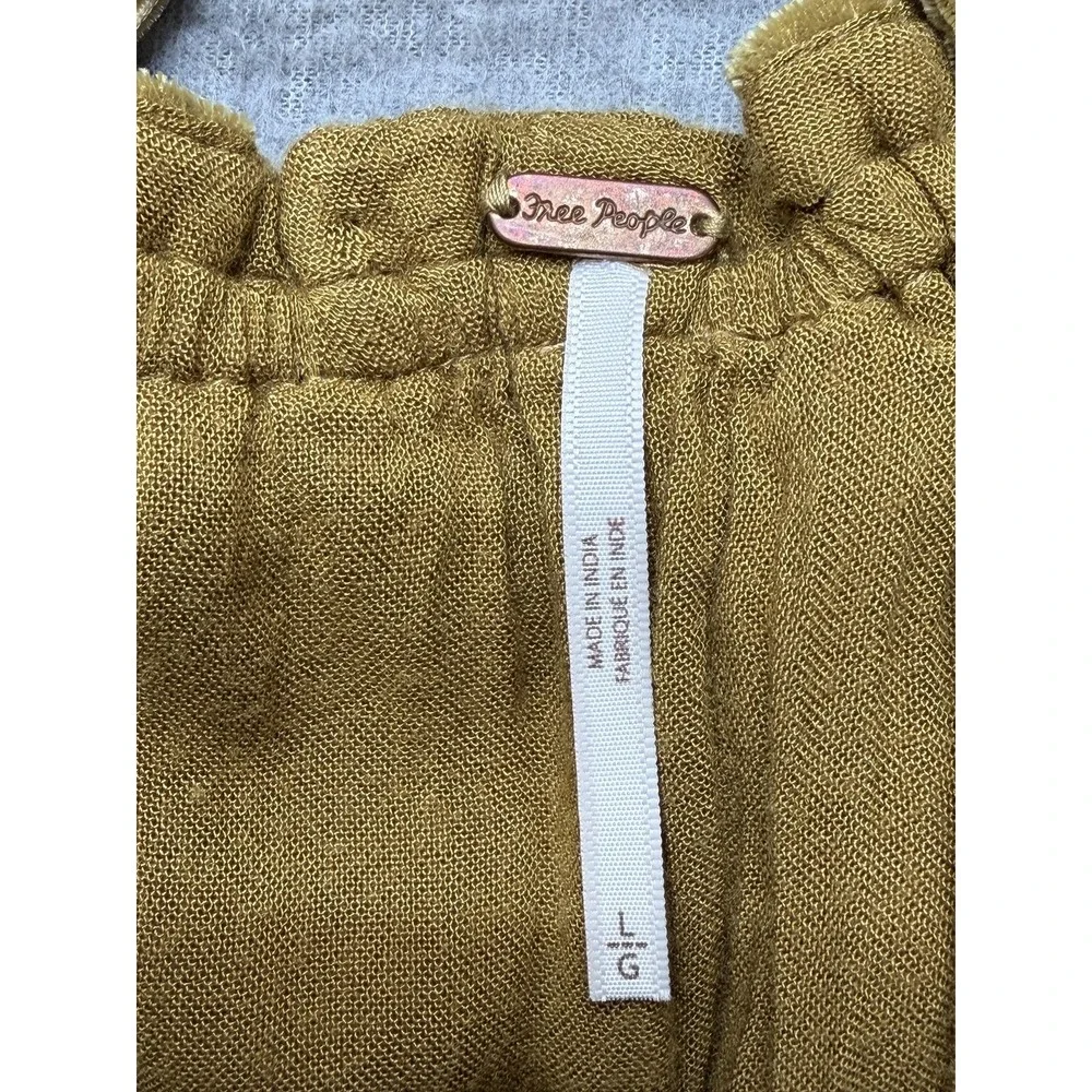 Free People Dress Womens Large Mustard Velvet Smocked Puff Sleeve Lace Up Back - Picture 14 of 15